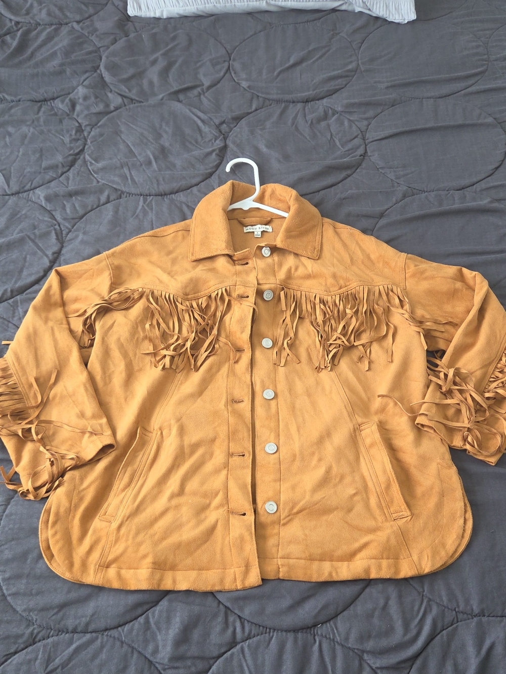 Moon River Mustard Fringe Suede-Feel Jean Jacket